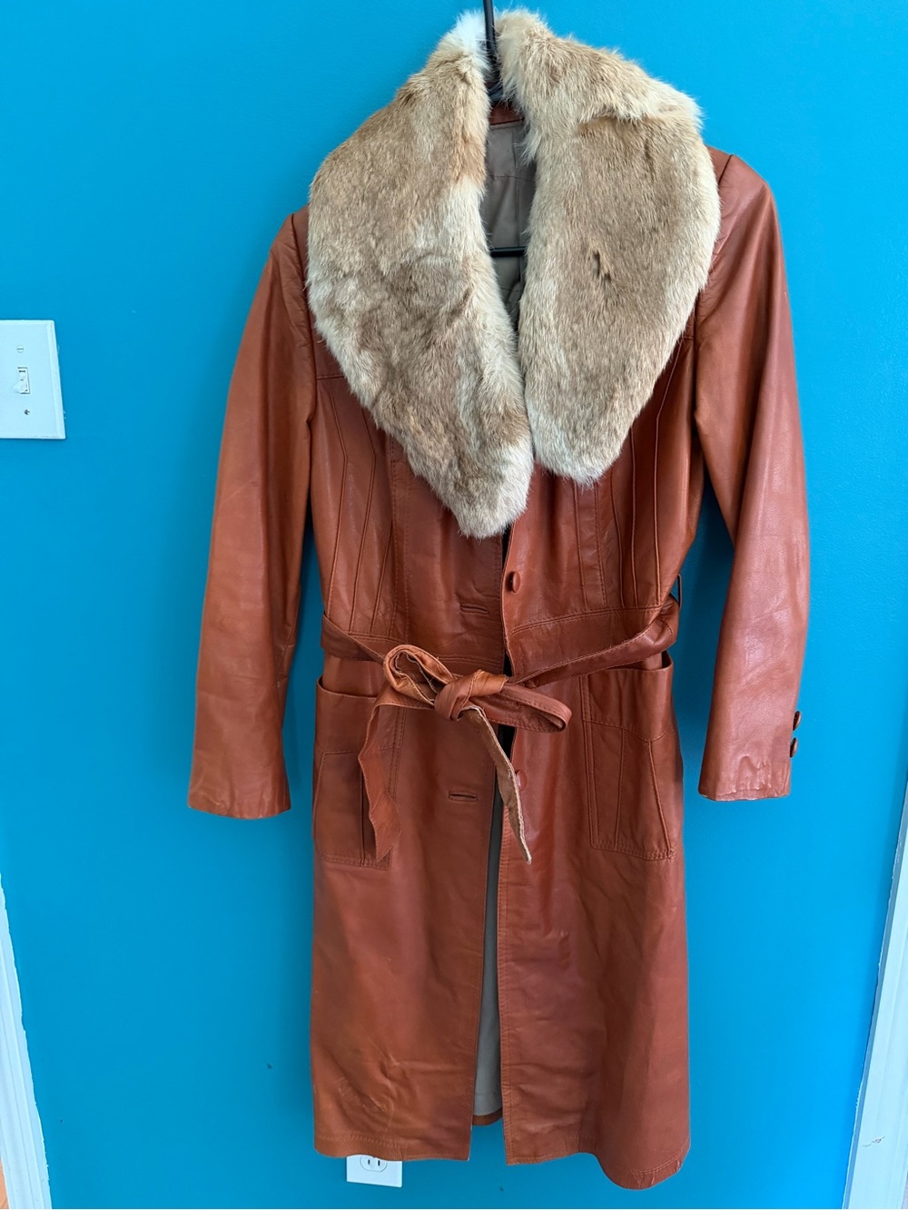 Women's Tan Leather Trench Coat with Faux Fur Collar